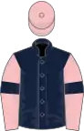 Dark blue, pink sleeves, dark blue armlets, pink cap