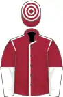 Maroon, white seams, halved sleeves, maroon and white hooped cap
