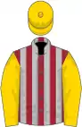 Maroon and silver grey stripes, gold sleeves and cap