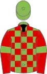 Light green and red check, red sleeves, light green armlets, light green cap