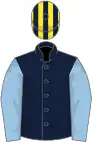 Dark blue,light blue sleeves, yellow and dark blue striped cap