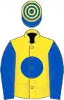 Yellow, royal blue disc and sleeves, royal blue and yellow hooped cap