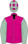 Cerise, cambridge blue sleeves, blue cap, cerise spots