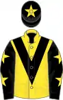Yellow, black chevron, black sleeves, yellow stars, black cap, yellow star