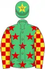 Emerald green, red stars, red and yellow check sleeves, emerald green cap, yellow star