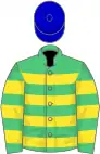 Emerald green and orange hoops, royal blue cap