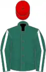 Forest green, white seams and cuffs on sleeves, horseshoe and white doves on back, red cap