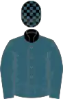 Saxe blue, black collar, check cap