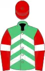 Emerald green, white chevrons, red sleeves, white armlets, red cap