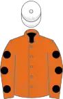 Orange, black spots on sleeves, white cap