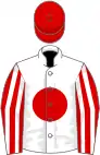 White, red disc, red and white striped sleeves, red cap
