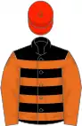 Black, orange hoops, orange sleeves, scarlet cap