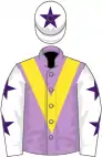 Mauve, yellow chevron, white sleeves, purple stars, white cap, purple star