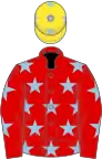 Red, light blue stars, yellow cap, light blue stars