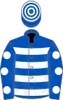 Royal blue, white hoops, royal blue sleeves, white spots