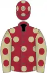 Maroon, beige spots, beige sleeves, maroon spots and maroon spots on cap