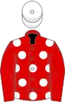 Red, white spots, red sleeves, white cap