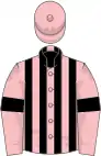 Pink and black stripes, pink sleeves, black armlets, pink cap