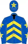 Royal blue, yellow chevrons, royal blue sleeves, yellow stars, royal blue cap, yellow star