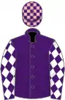 Purple, white diamonds on sleeves, purple and pink check cap