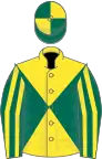Yellow and dark green diabolo, dark green and yellow striped sleeves, quartered cap