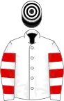 White, red hooped sleeves, black and white hooped cap
