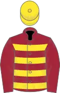 Maroon, yellow hoops, maroon sleeves, yellow cap