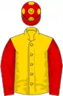 Gold, red sleeves, red cap, gold spots