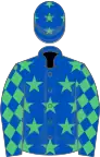 Royal blue, emerald green stars, royal blue sleeves, emerald green diamonds