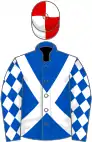 Royal blue, white cross belts, diamonds on sleeves, red and white quartered cap