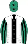 White, black stripe, emerald green and black striped sleeves, emerald green cap, black stars
