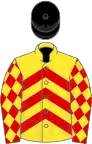 Yellow, red chevrons, red sleeves, yellow diamonds, black cap