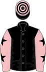 Black, pink sleeves, black stars, black and pink hooped cap