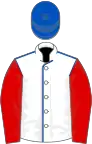 White, royal blue seams, red sleeves, royal blue cap