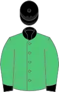 Emerald green, black collar, cuffs and cap