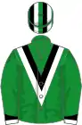 Green, black and white chevron and cuffs, green, black and white striped cap