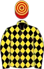 Black and yellow diamonds, red and yellow hooped cap
