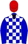 Blue and white check, blue sleeves, red cap