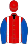 Red, white braces, royal blue sleeves