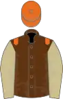 Brown, orange epaulets, beige sleeves, orange cap