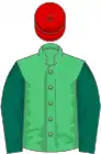 Emerald green, dark green sleeves, red cap