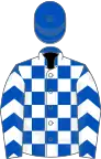 Royal blue and white check, white chevrons on sleeves, royal blue cap