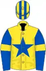 Yellow, royal blue star, royal blue sleeves, yellow armlets, yellow and royal blue striped cap