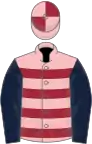 Pink, maroon hoops, dark blue sleeves, pink and maroon quartered cap
