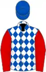 Royal blue and white diamonds, red sleeves, blue cap