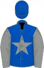 Blue, grey star, grey sleeves, blue cap