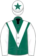 Dark green, white chevron and sleeves, white cap, green star
