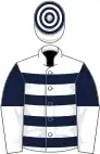 White, dark blue hoops, dark blue and white halved sleeves