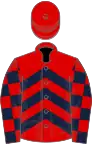 Red, dark blue chevrons, dark blue and red check sleeves, red cap