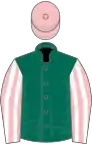 Green, pink and white striped sleeves, pink cap